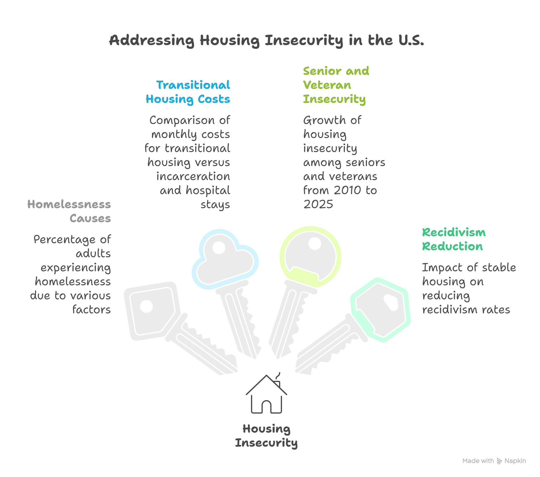 Comprehensive housing insecurity data showing homelessness causes, transitional housing costs, senior and veteran insecurity, and recidivism reduction